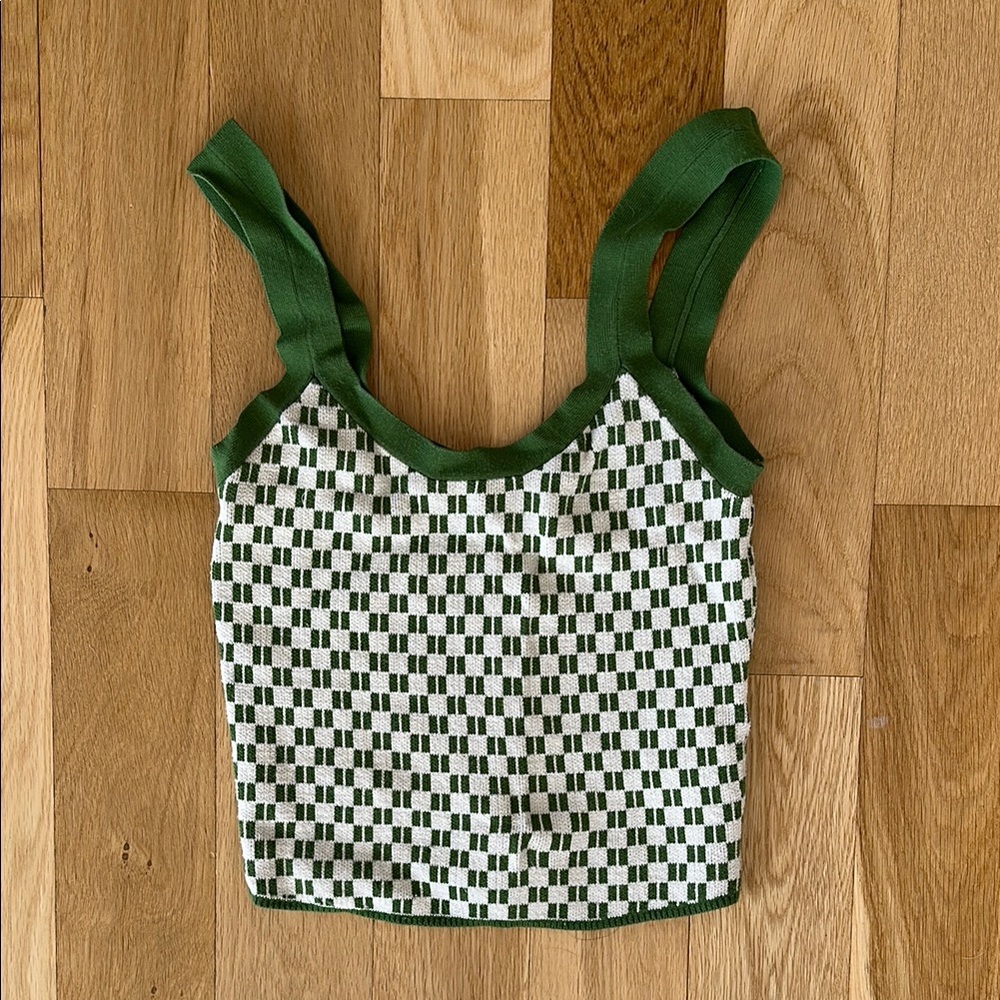 Green and White Checkered Knit Tank Top